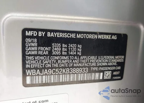 2019 BMW 530E Iperformance z USA, uszkodzony, nr VIN WBAJA9C52KB388933